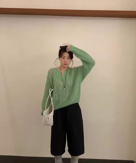 한 부서 모헤어 가위 칼라 꽈배기 링 그리드 홀로우 아웃 니트 스웨터 여성 이른 가을 새로운 패션 부드러운 찹쌀 맨위