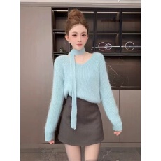 批发韩系V领飘带针织衫套头毛衣女小众打底上衣