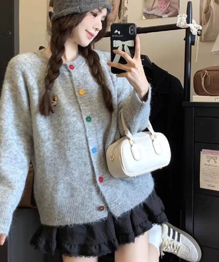 달콤함 자수 부드러운 찹쌀 긴팔 니트 오픈 가디건 가을 새로운 색상 단추 루즈핏 스웨터 여성 코트