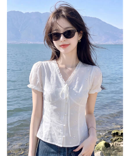 자카드 순면 원단 네리 부드러운 자매 레이스 레이스 칼라 레이스업 홀로우 아웃 꽃 몸매 가꾸기 거품 소매 화이트 맨위