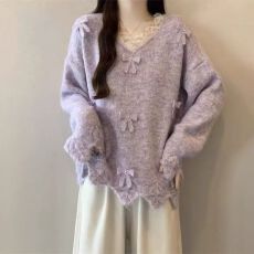 批发紫色花边V领蝴蝶结针织衫毛衣女2025新款大码<b class='q'>胖</b><b class='q'>mm</b>软糯巨好看上衣
