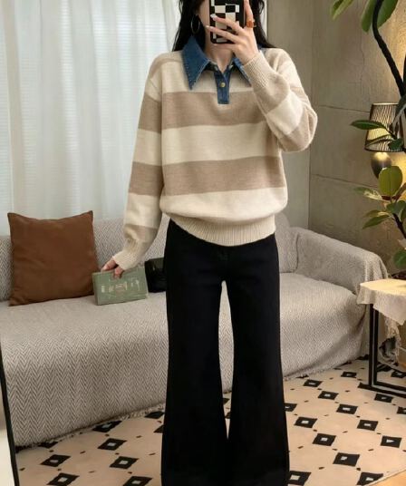 2026 가을 겨울철 배색 스트라이프 POLO 칼라 루즈핏 니트 스웨터 다용도 슬림해 보이는 풀오버 맨위
