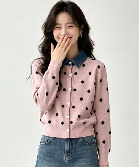 한국 스타일 도트 무늬 페이크 레이어드 데님 패치워크 POLO 칼라 니트 스웨터 부드러운 찹쌀 연령 감소 스웨터 코트 가을 겨울철 새로운