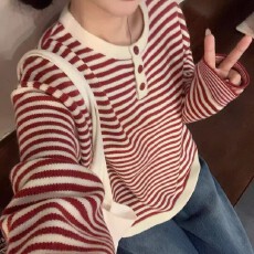 批发韩系设计感撞色圆领针织衫女早秋新款小众学院风宽松显瘦上衣