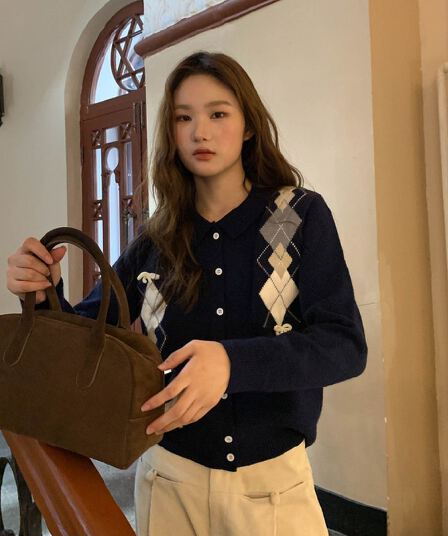 레트로 학원 배색 링 그리드 오픈 가디건 스웨터 가을 겨울 새로운 루즈핏 다용도 맨위 POLO 칼라 고급