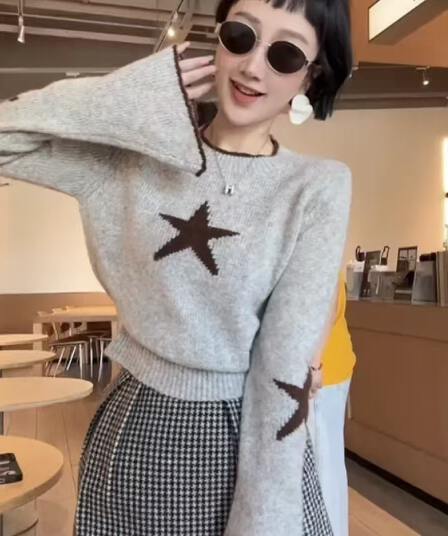 오각형 별 얇은 스타일 나팔 소매 캐주얼 바람 니트 스웨터 여성 새로운 가을 스웨터