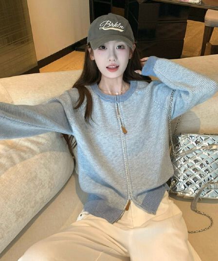 한 부서 배색 파란색 스트라이프 지퍼 스웨터 여성 코트 가을 겨울 느긋한 바람 루즈핏 캐주얼 니트 오픈 가디건 맨위