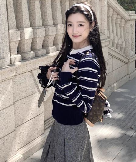 블루 색상 레트로 스트라이프 니트 오픈 가디건 여성 가을 착용 가져 가라. 학원 스타일 몸매 가꾸기 쇼트 스타일 고유 한 아름다운 작은 맨위