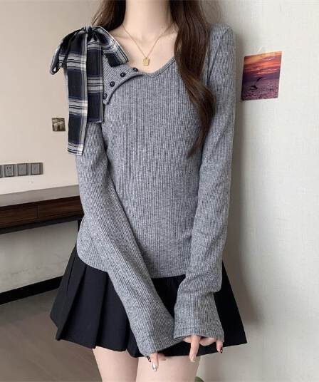 순수한 욕망 품격 나비 매듭 스트랩 디자인 센스 긴팔 티셔츠 몸매 가꾸기 슬림해 보이는 핫걸 오프숄더 맨위 여성 기본 셔츠