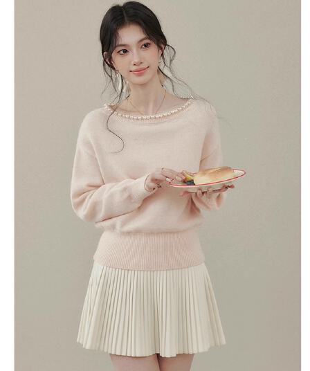 Ouyang 안녕하세요. 달콤한 숙련 된 브라운 니켈 가을 겨울철 핑크색 진주 칼라 라운드 넥 니트 스웨터 여성 2026 새로운 맨위