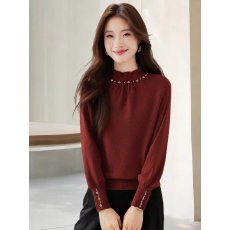 批发设计感小众钉珠小个子半高领毛衣打底衫女秋冬慵懒风蕾丝边针织衫
