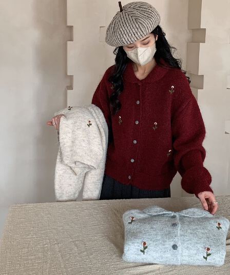 부드러운 바람 한 부서 달콤함 레트로 자수 양모 니트 부드러운 찹쌀 카디건 코트