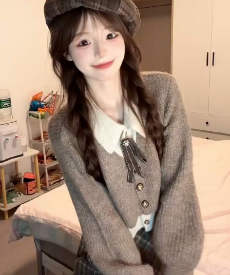 페이크 레이어드 POLO 칼라 스웨터 레트로 아름다움 라드. 폴로 칼라 니트 오픈 가디건 쇼트 스타일 맨위