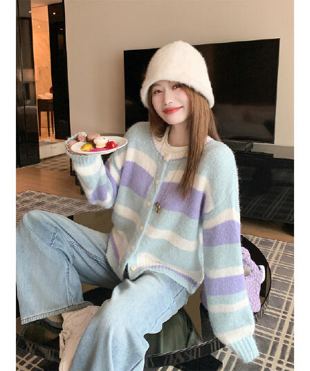 한 번 작은 짭짤한 한 부서 색상 스트라이프 쇼트 스타일 니트 오픈 가디건 여성 가을 겨울 루즈핏 스웨터 코트 맨위 겨울