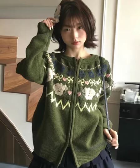녹색 레트로 공정한 섬 스웨터 오픈 가디건 여성 2026 새로운 가을 겨울철 크리스마스 착용 가져 가라. 와이드 부드러운 찹쌀 두꺼움 맨위