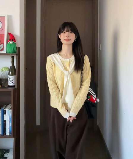한 부서 황색 숄 긴팔 니트 오픈 가디건 여성 봄 캐주얼 다용도 몸매 가꾸기 슬림해 보이는 작은 키 쇼트 스타일 맨위