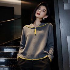 秋冬新款时尚女装高级设计感撞色海军领针织开衫休闲加厚毛衣上衣