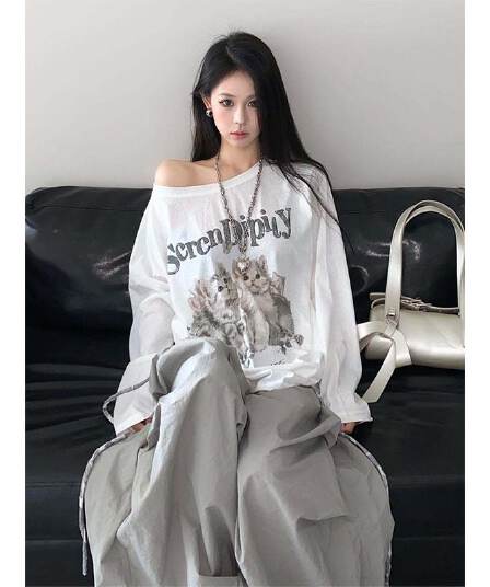 자외선 차단 블라우스 여성 프린트 느긋한 바람 맨위 마이크로 ~을 통해 긴팔 비스듬한 어깨 자외선 차단 블라우스