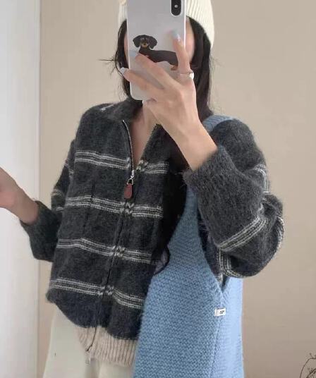 폴로 칼라 양방향 지퍼 문 襟 스트라이프 니트 오픈 가디건 부드러운 찹쌀 꽃 실 루즈핏 느긋한 바람 벨트 주머니 스웨터