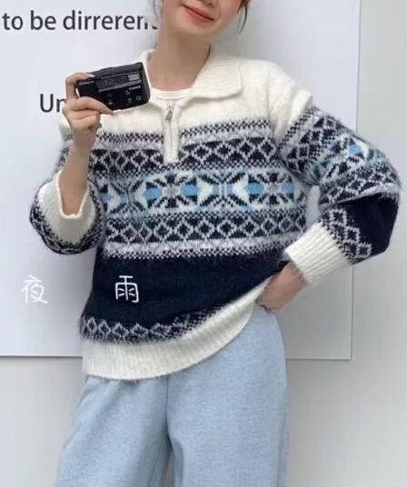 레트로 가을 겨울 새로운 공정한 섬 느긋한 지퍼 두꺼운 스웨터 폴로 칼라 루즈핏 자카드 니트 스웨터 맨위 재킷