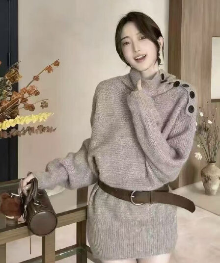 느긋한 바람 비스듬한 어깨 스웨터 여자 가을 겨울 고급 센스 오프숄더 니트 스웨터 루즈핏 슬림해 보이는 긴팔 두꺼운 풀오버 맨위