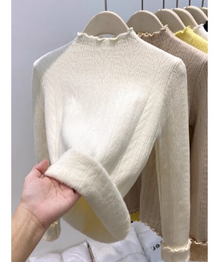 부드러운 프릴 반하이넥 기본 셔츠 여성 가을 겨울 두꺼운 하나 플러시 인사이드 잡아라. 의류 질감 센스 니트 스웨터