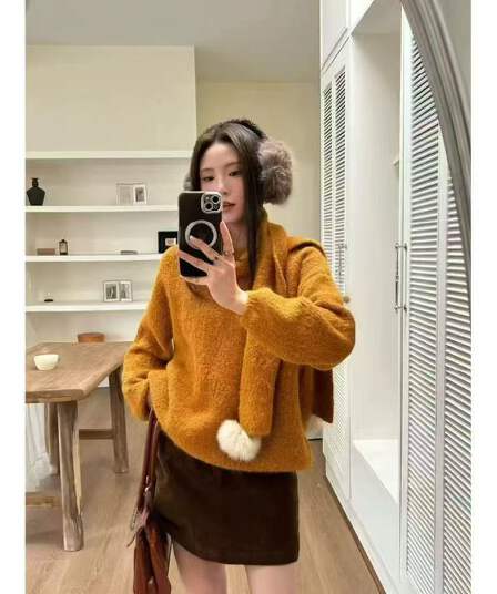 프랑스식 느긋한 센스 루즈핏 크리스마스 니트 스웨터 경기 털 공 스카프 니트 스웨터