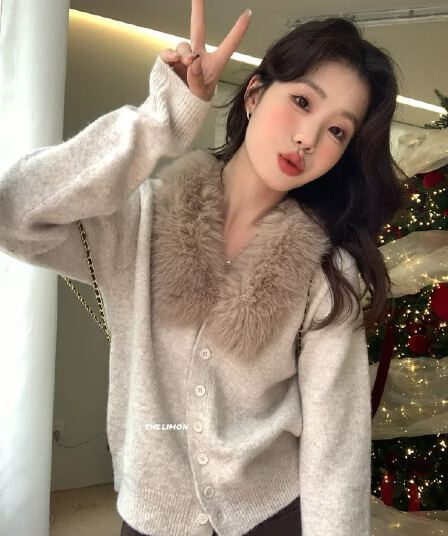 한 부서 품격 부드러운 찹쌀 모피 칼라 긴팔 니트 오픈 가디건 여성 가을 겨울 느긋한 바람 보온 스웨터 코트 쇼트 스타일 맨위