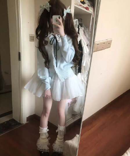 부드러운 찹쌀 하늘색 니트 오픈 가디건 여성 레이스 레이스 칼라 나비 매듭 부드러운 찹쌀 스웨터 코트