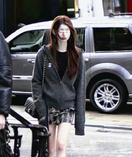 한 부서 느긋한 고급 센스 회색 도트 무늬 자카드 강아지 후드 오픈 가디건 스웨터 여자 봄 가을 루즈핏 니트 재킷