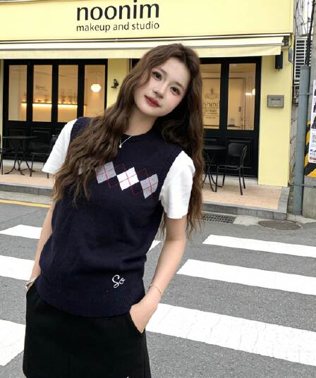 순수한 욕망 학원 스타일 링 체크무늬 니트 조끼 여성 여름 섹션 민소매 라운드 넥 자카드 다용도 스웨터 스택 착용 조끼
