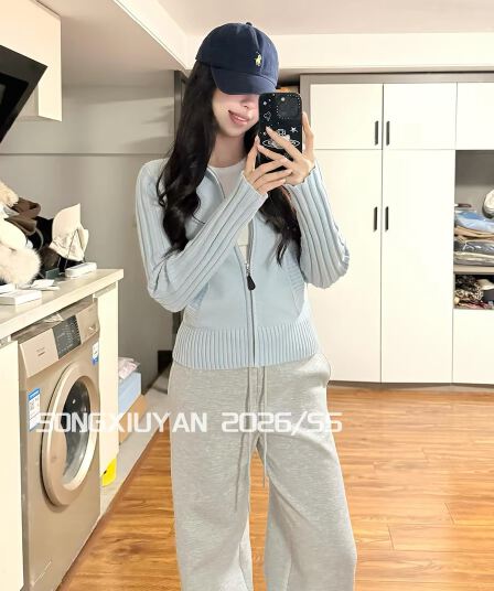 송 보여주기 妍 seniors 작은 청신 파란색 스탠드 칼라 구덩이 기사 지퍼 니트 오픈 가디건 캐주얼 다용도 스웨터 코트