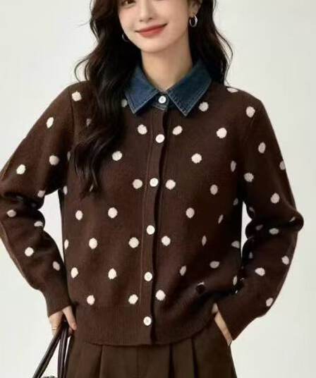프랑스식 도트 무늬 페이크 레이어드 데님 패치워크 POLO 칼라 니트 스웨터 부드러운 찹쌀 연령 감소 스웨터 코트 가을 겨울철 새로운