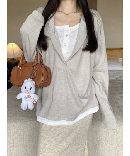 페이크 레이어드 배색 반 개방 칼라 단추 긴팔 티셔츠 여성 가을 2025 새로운 캐주얼 루즈핏 기본 셔츠 맨위