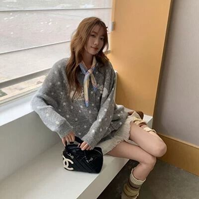 느긋한 바람 레트로 도트 무늬 어린 양 자카드 니트 오픈 가디건 여성 가을 새로운 빅 사이즈 루즈핏 스웨터 코트 맨위