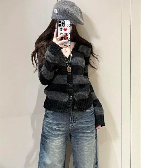 아메리칸 레트로 스트라이프 V넥 니트 스웨터 여성 가을 새로운 몸매 가꾸기 슬림해 보이는 부드러운 찹쌀 오픈 가디건 긴팔 스웨터 코트