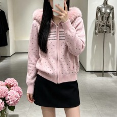 费尔岛连帽拉链针织衫可拆卸毛绒气质保暖短款毛衣外套秋冬季新款