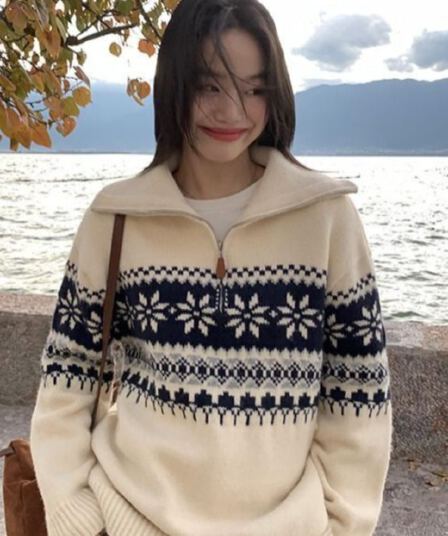 레트로 공정한 섬 두꺼운 2026 가을 새로운 느긋한 바람 루즈핏 자카드 카디건 폴로 칼라 지퍼 여성