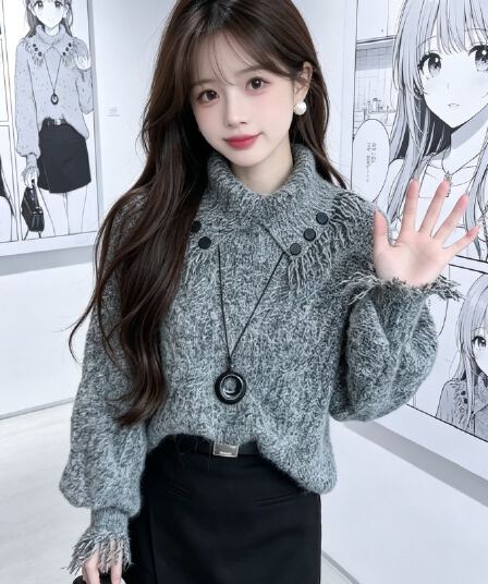 고유 한 아름다운 우아함 바람 터틀넥 술 니트 스웨터 여자 2026 새로운 가을 프랑스식 사소한 루즈핏 맨위