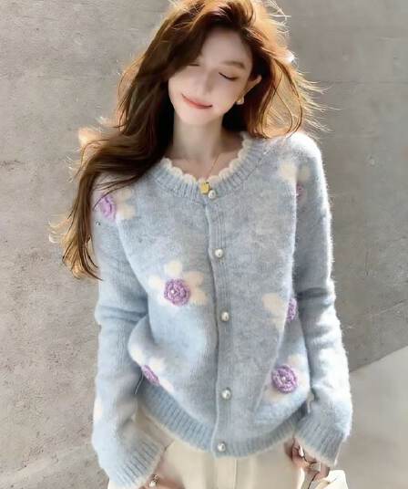 작은 샤넬 스타일 3 차원 꽃 진주 버클 스웨터 오픈 가디건 2026 봄 가을 겨울 느긋한 고급 센스 루즈핏 니트 재킷