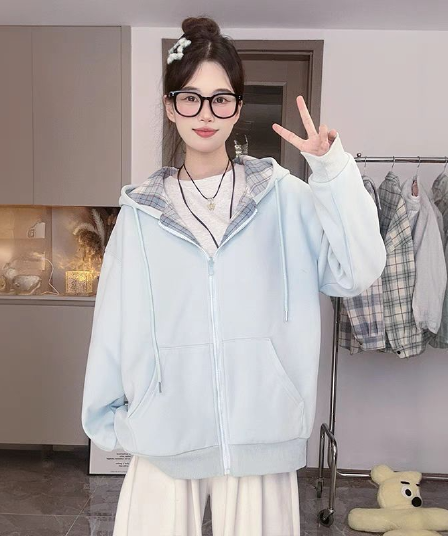 블루 체크무늬 후드 티 스웨터 루즈핏 재킷