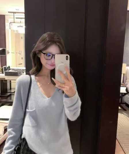 편안함 부드러운 찹쌀 양모 토끼털 혼방 무봉제 캠코더 ji ~까지 평범한 게으른 V넥 니트 스웨터