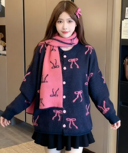 2026 새로운 한국 스타일 루즈핏 긴팔 양 타조 울 니트 자카드 나비 매듭 폴로 칼라 오픈 가디건 스웨터 맨위 스카프