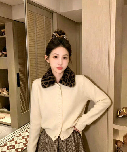 레트로 와일드 2026 봄 여름 새로운 여성 셔츠 레오파드 무늬 폴로 칼라 니트 오픈 가디건
