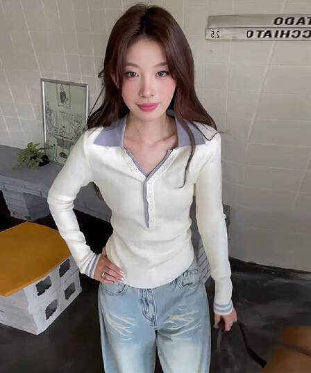 한 부서 POLO 칼라 긴팔 스웨터 여자 가을 겨울 새로운 몸매 가꾸기 슬림해 보이는 페이크 레이어드 만나는 니트 스웨터 인사이드 잡아라. 의류