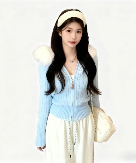 가을 겨울 한 부서 새로운 부드러운 부서 품격 모피 칼라 지퍼 꽈배기 스웨터 후드 니트 긴 소매 오픈 가디건 여성