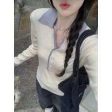 批发冬季韩系撞色翻领长袖针织衫女别致显瘦上衣韩国外贸
