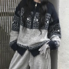 批发复古费尔岛提花针织衫女秋冬季新款软糯拉链百搭开衫宽松<b class='q'>毛衣</b>外套