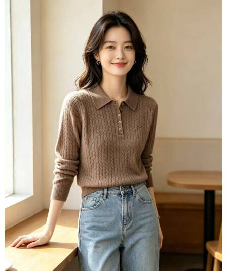 파일 입 새로운 2026 새로운 여자 부드러운 찹쌀 6 양모 니트 POLO 셔츠 긴팔 탑 옷깃 기본 셔츠