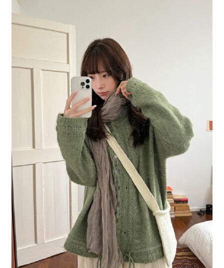 우유 토끼 행성 직접 만든 플리스 홀로우 아웃 펌프 로프 방랑 스웨터 오픈 가디건 여성 코트 루즈핏 느긋한 니트 맨위